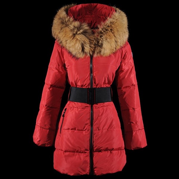 Moncler cinturino e collo di pelliccia lunga rossa Cappotti